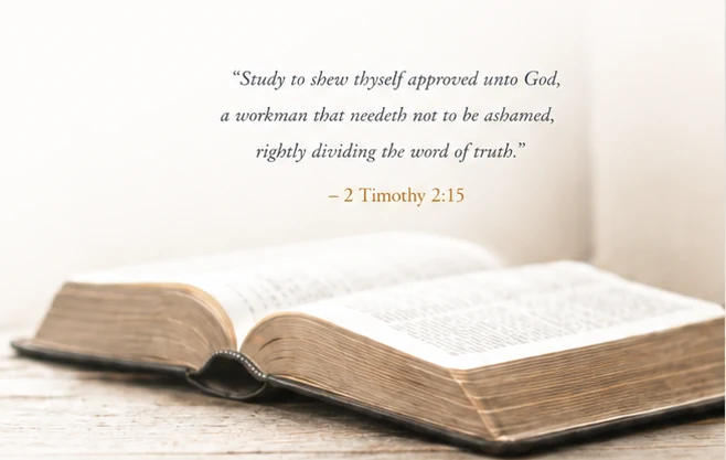 An open Bible beside the words of 2 Timothy 2:15